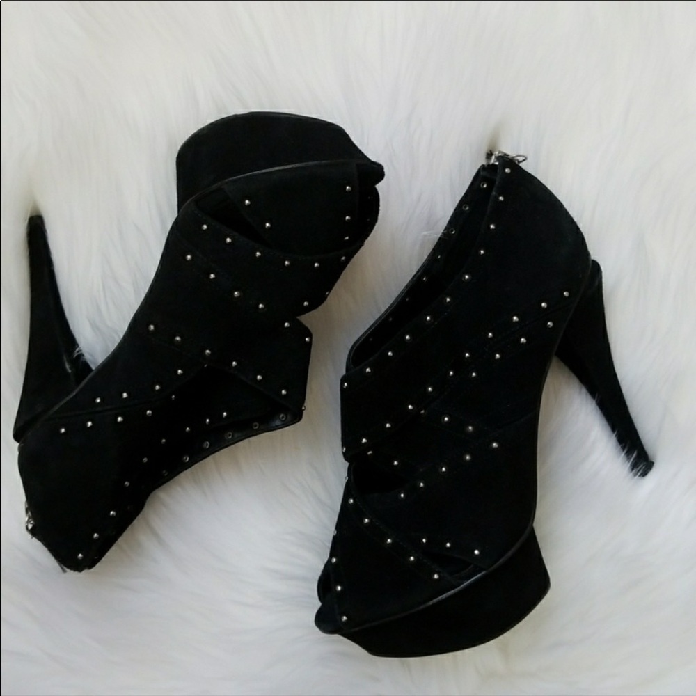 BCBG suede peep toe studded heels